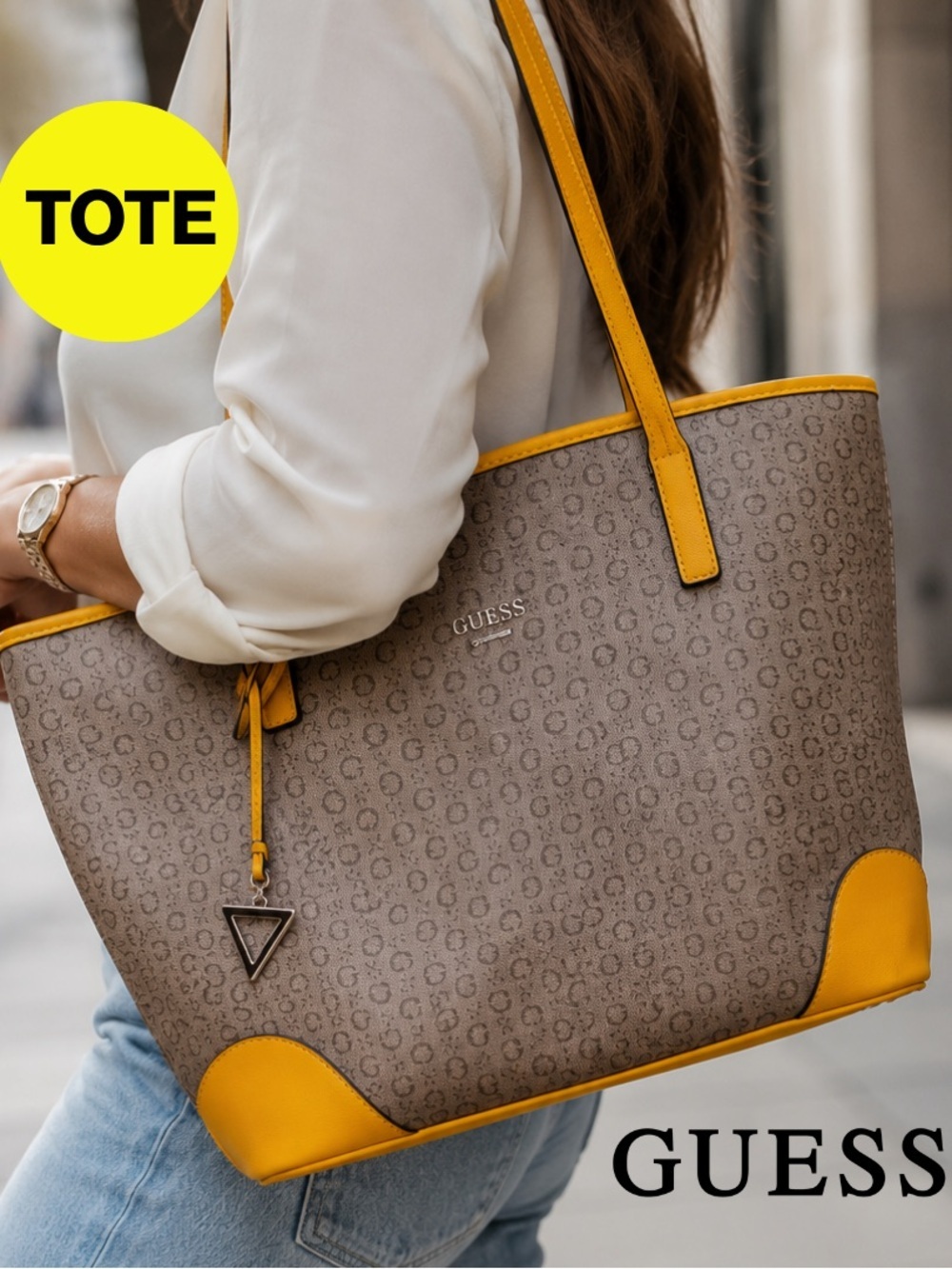 GUESS 🌟Yellow, Brown Monogram Tote, Large, Roomy, Clean, Classic Purse - 10x12”